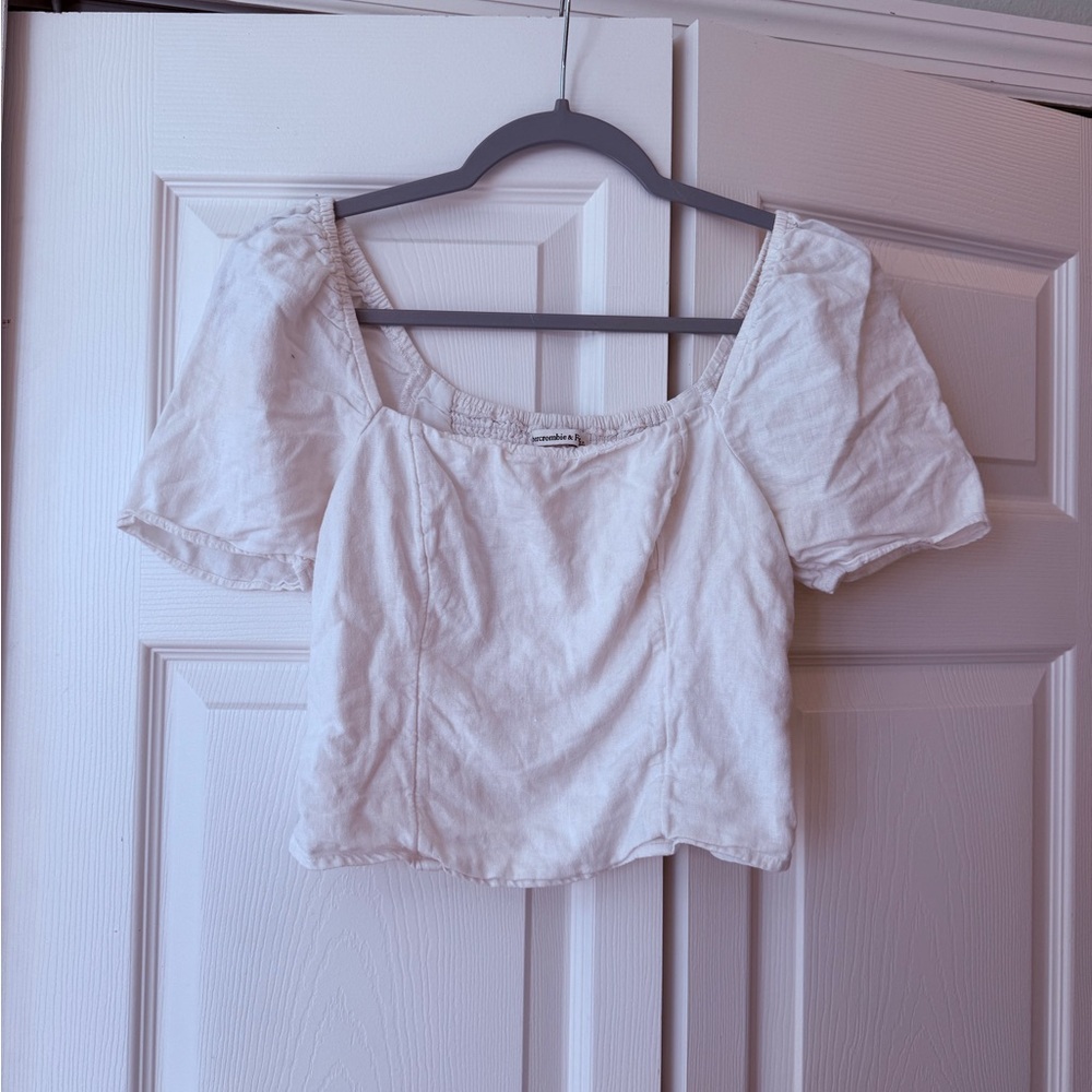 Abercrombie and fitch white cropped puff sleeve top linen blend